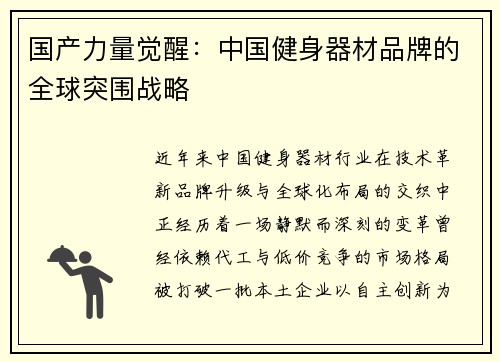 国产力量觉醒：中国健身器材品牌的全球突围战略