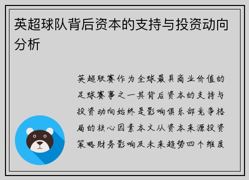 英超球队背后资本的支持与投资动向分析